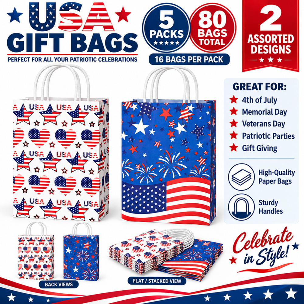 80 Pc Patriotic Gift Bags w Handles 5 Packs of 16 USA 4th of July Party Bags